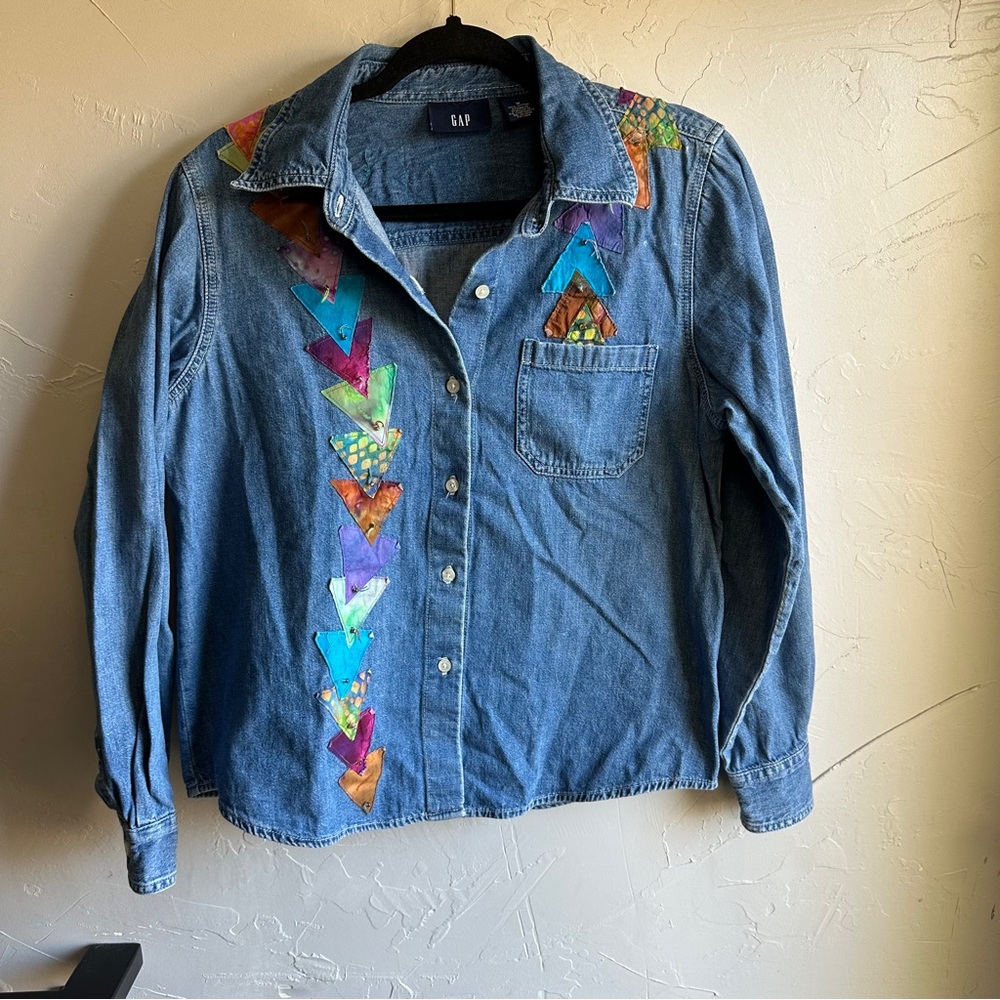 Vintage GAP Denim Shirt:‎ Reworked Boho Patchwork Button-Up 90s Y2K Grunge Sz M